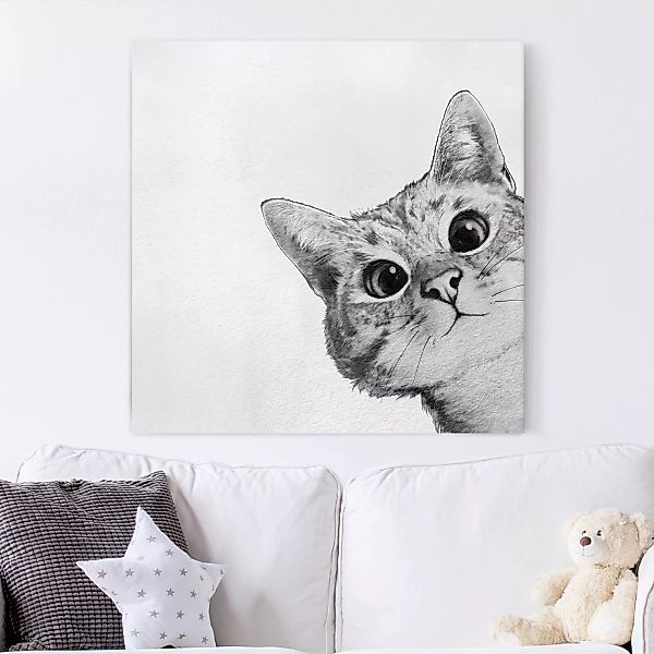 Leinwandbild - Quadrat Illustration Katze Zeichnung Schwarz Weiß günstig online kaufen