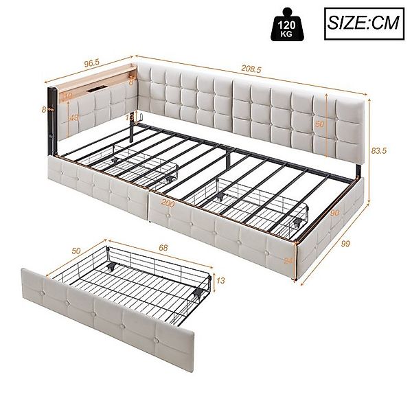 Odikalo Schlafsofa Daybett Stauraumbett Kinderbett USB, 90x200cm Grau/Hellg günstig online kaufen