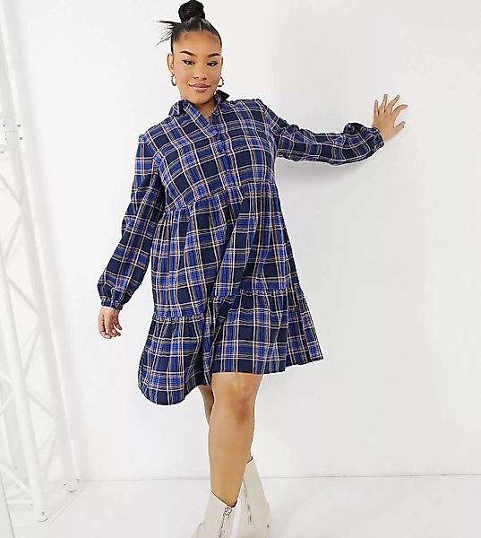 New Look Curve – Vorn geknöpftes Minikleid mit blauem Muster günstig online kaufen
