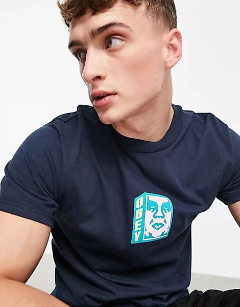 Obey – T-Shirt in Marineblau mit Gesichts-Logo günstig online kaufen