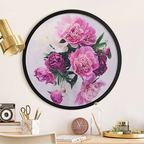 Rundes Bild mit Rahmen Pfingstrosen Shabby Rosa Weiß günstig online kaufen