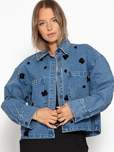 SASSYCLASSY Blusenjacke Jeansjacke mit Blumenapplikationen für Damen Oversi günstig online kaufen