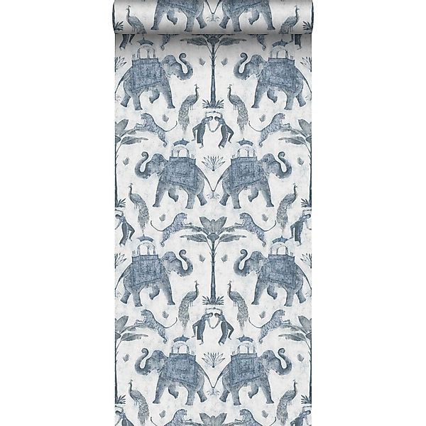 Sanders & Sanders Tapete Elefanten Graublau 53 cm x 10 m günstig online kaufen