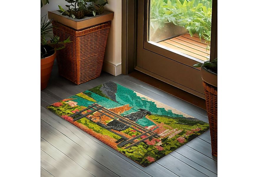 BRUBAKER Fußmatte Hund und Katze auf Bank vor Bergsee mit Blumen - Schmutzf günstig online kaufen