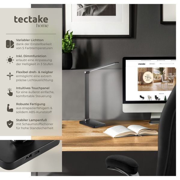 tectake Schreibtischlampe Tischleuchte Novaly, LED, dimmbar, günstig online kaufen