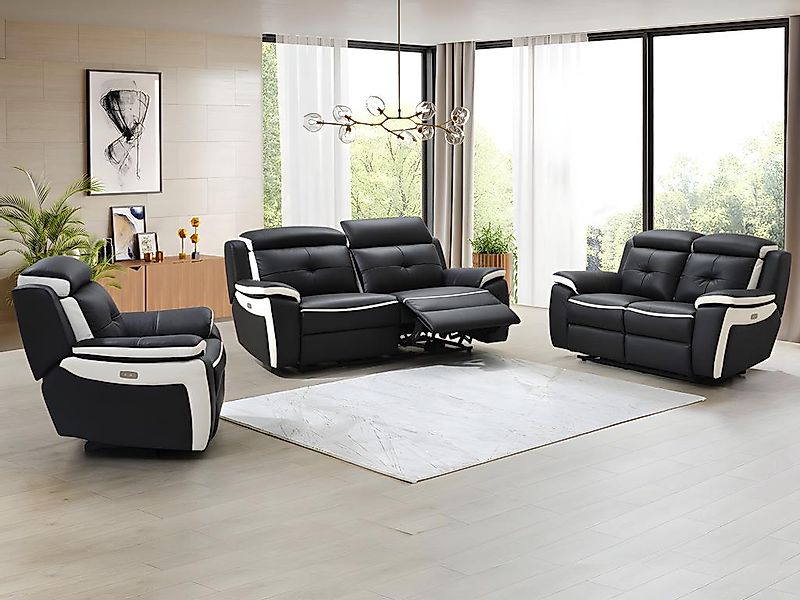 Relaxsofagarnitur Leder elektrisch 3+2+1 - Schwarz & Weiß - ANGELIQUE günstig online kaufen