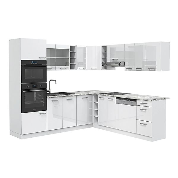 Vicco R-Line Eckküche Weiß Hochglanz/Weiß 237 x 60 cm AP Marmor ohne E-Gerä günstig online kaufen