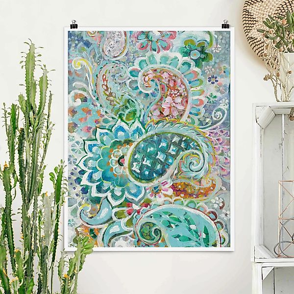 Poster Paisley mit Blumen günstig online kaufen