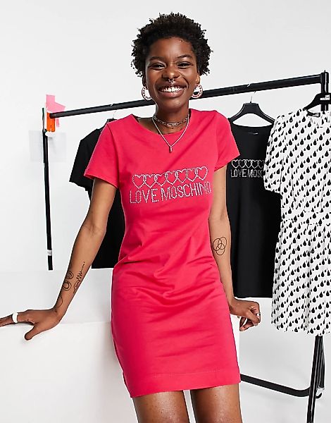 Love Moschino – Minikleid in Rosa mit Strass-Logo günstig online kaufen