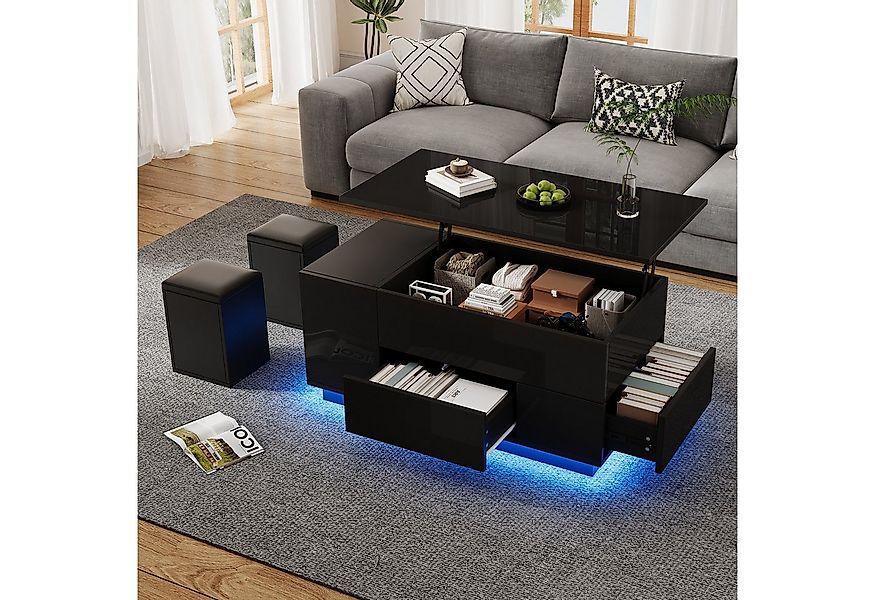 STILVORA Couchtisch Sofatisch höhenverstellbar mit 2 Hockern,LED-Kaffeetisc günstig online kaufen