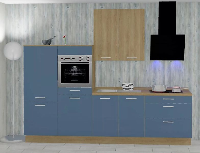 Einbauküche MANKATREND 64 in Blau / Eiche - Schränke montiert/ Küchenzeile günstig online kaufen