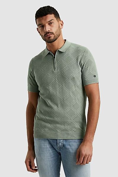 Cast Iron Knitted Half Zip Poloshirt Struktur Grün - Größe M günstig online kaufen