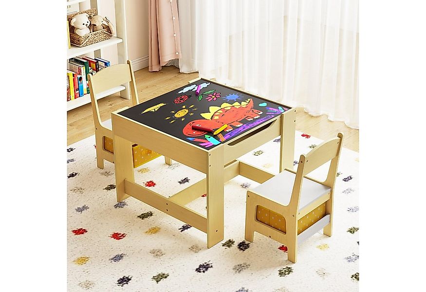 COSTWAY Kindersitzgruppe, 3tlg. Kindertisch mit 2 Stühlen, Stauraum & Tafel günstig online kaufen