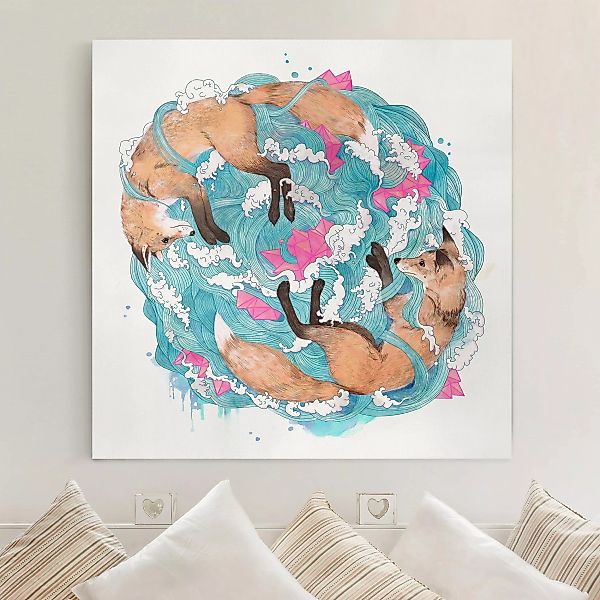 Leinwandbild Tiere - Quadrat Illustration Füchse und Wellen Malerei günstig online kaufen