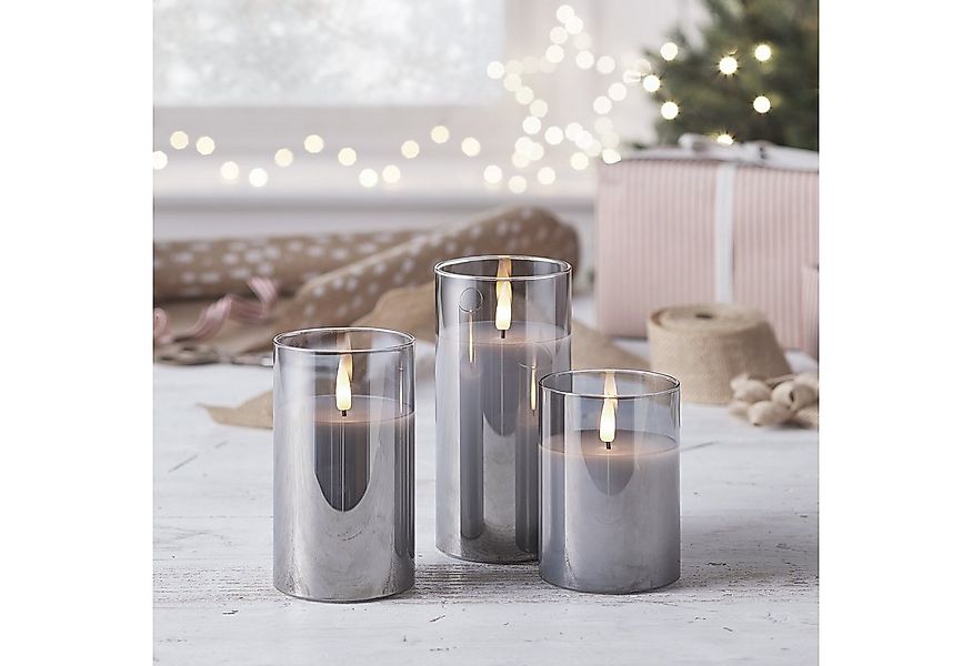 Lights4fun LED-Kerze TruGlow® LED Kerzen Echtwachs Trio in Rauchglas mit Fe günstig online kaufen