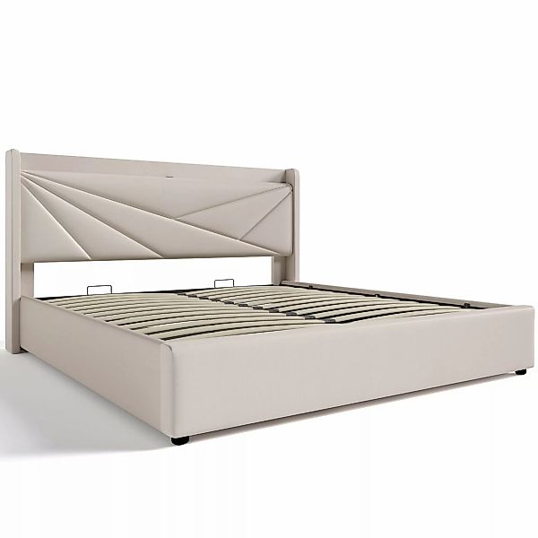 Doppelbett mit Stauraum USB-C Ladefunktion 160x200 Leinenbettkasten beige A günstig online kaufen
