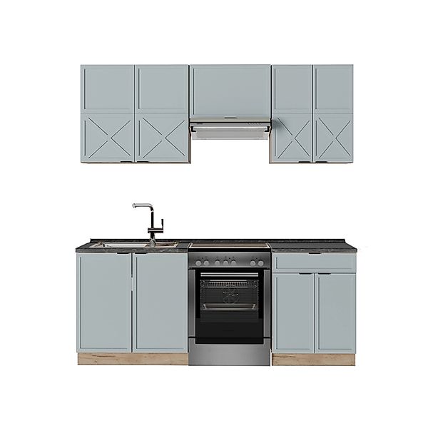 Vicco Fame-Line Küchenschränke Hellblau-grau/Goldkraft Eiche 200 cm AP Anth günstig online kaufen