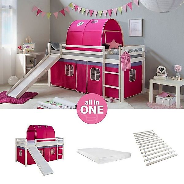 Homestyle4u Hochbett 90x200 cm Kinderbett Weiß Kiefer mit Vorhang Pink mit günstig online kaufen