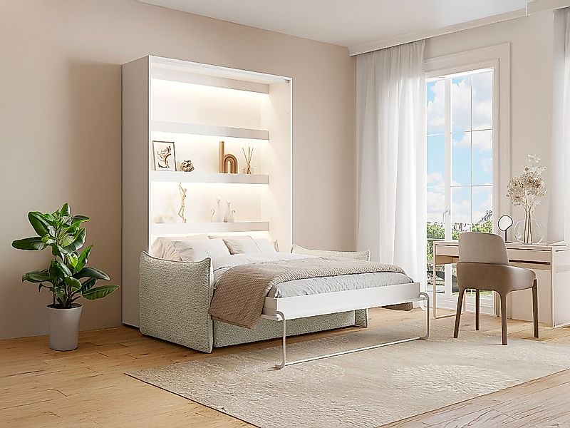 Schrankbett 140 x 200 cm - Manuelle vertikale Öffnung - Mit LEDs - Weiß + M günstig online kaufen