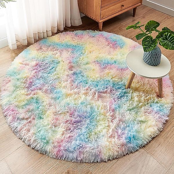 ROHATIM Kinderteppich Flauschiger Plüschteppich Rund Regenbogen günstig online kaufen