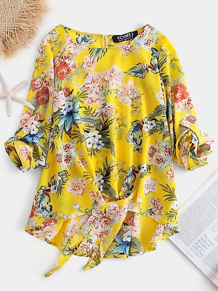 YOINS Yellow Kontted Verstellbare Bluse mit rundem Hals und tropischem Prin günstig online kaufen