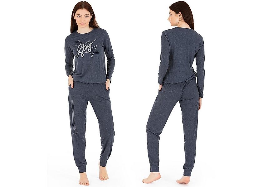 LOREZA Schlafanzug Schlafanzug Pyjama langarm- Stern - Grau (Set, 2 tlg) günstig online kaufen