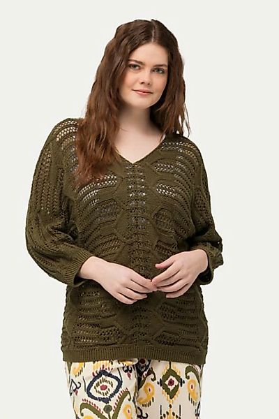 Ulla Popken Strickpullover Pullover Ajourmuster V-Ausschnitt 3/4-Arm günstig online kaufen