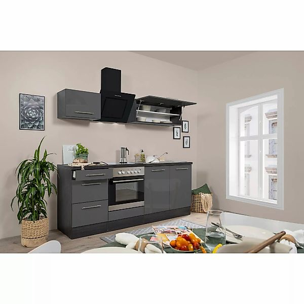 Respekta Premium Küchenzeile 210 cm Grau Hochglanz-Eiche Grau günstig online kaufen