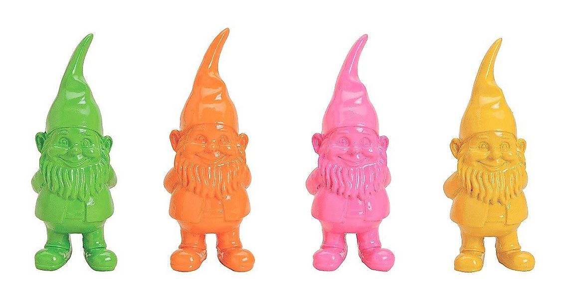 Geschenkestadl Gartenzwerg 4 föhliche Gartenzwerge in Gelb, Orange, Grün un günstig online kaufen