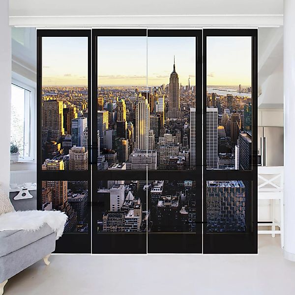 Schiebegardine Set Fensterblick am Abend über New York günstig online kaufen