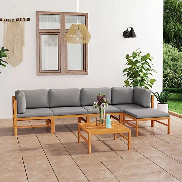 6-tlg. Garten-lounge-set Mit Grauen Kissen Massivholz Teak günstig online kaufen