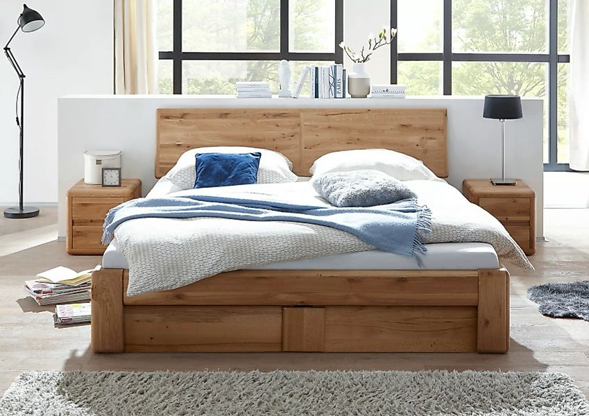 Doppelbett 160x200 mit Bettkasten Lattenrost Wildeiche massiv mit Holzkopft günstig online kaufen