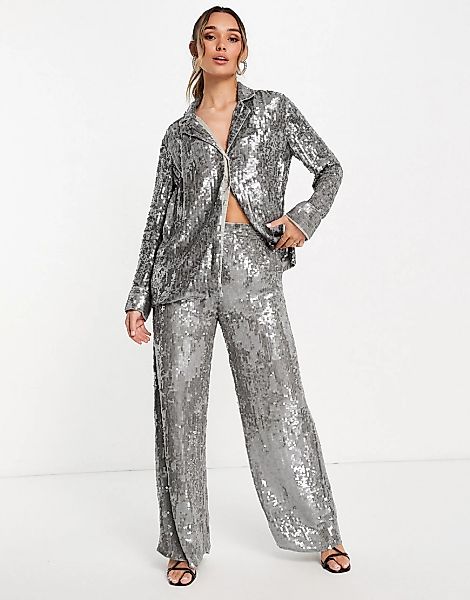 ASOS EDITION – Paillettenbesetztes Pyjama-Hemd in Grau günstig online kaufen