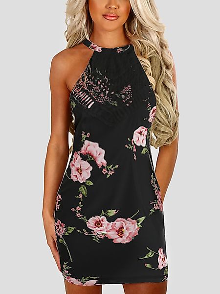 Schwarzer Halfter Zufälliger Blumendruck Mini Kleid günstig online kaufen