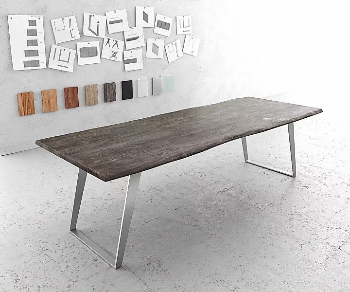 Esstisch Edge 260x100cm Akazie Platin Edelstahl Silber schräg Live-Edge günstig online kaufen