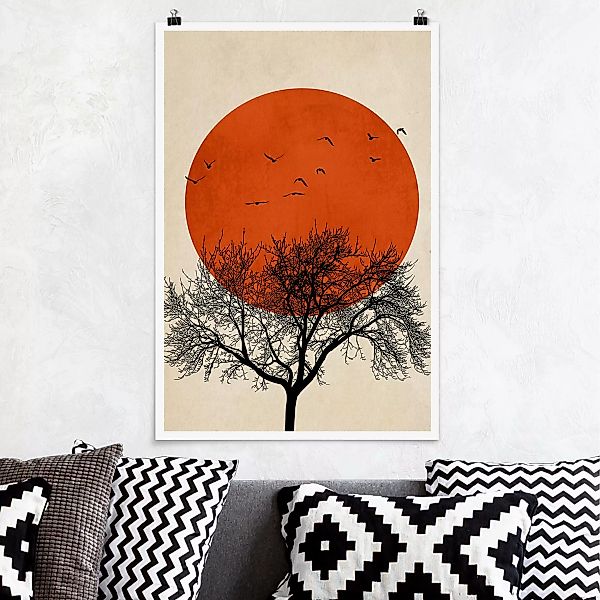 Poster Vogelschwarm vor roter Sonne II günstig online kaufen