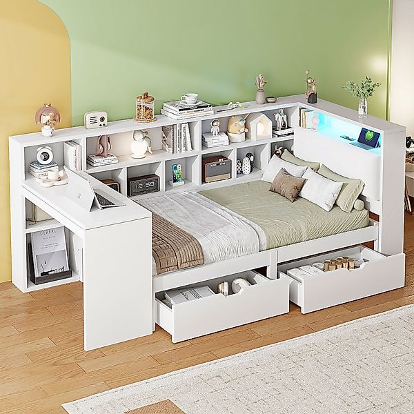 Ulife Kinderbett L-förmiges Holz-Plattformbett mit Schreibtisch günstig online kaufen