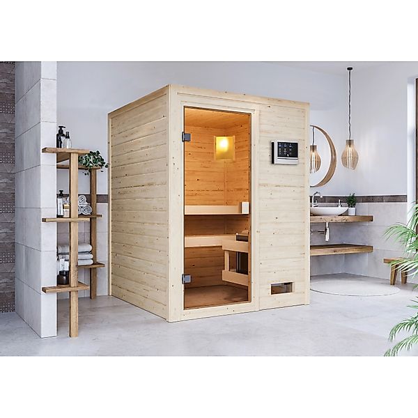 Woodfeeling Sauna Sandra inkl. 9 kW Ofen mit ext. Strg. Glastür günstig online kaufen