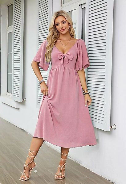 SEGUEN Sommerkleid Mittellanges, kurzärmliges Kleid mit Schleife und V-Auss günstig online kaufen