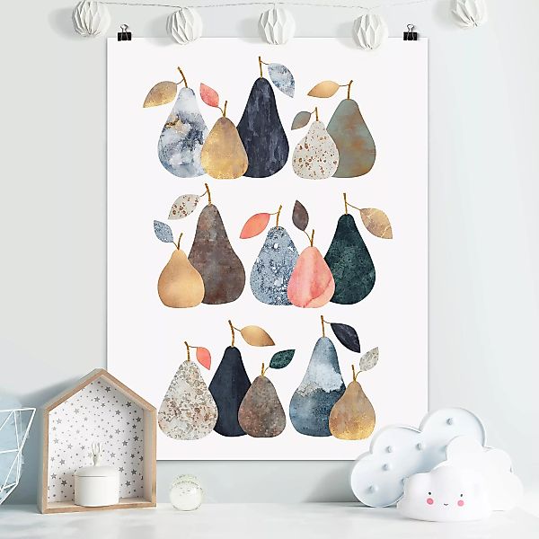 Poster Küche - Hochformat Collage Goldene Birnen günstig online kaufen