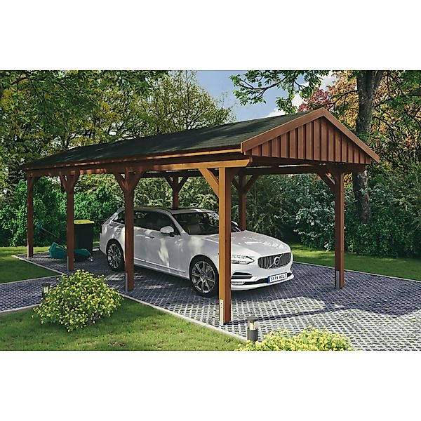 Skan Holz Carport Fichtelberg 317 cm x 808 cm Schwarze Schindeln Nussbaum günstig online kaufen