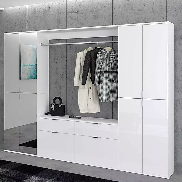 Garderoben Set modular in Weiß Hochglanz Spiegeltüren und Kleiderstange (dr günstig online kaufen