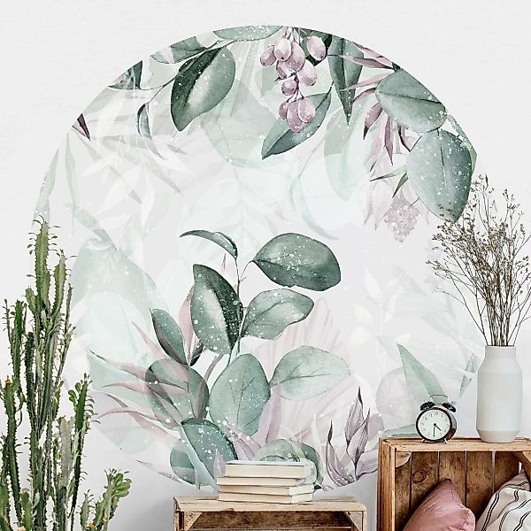 Runde Tapete selbstklebend Botanik in Pastell Grün & Rosa günstig online kaufen