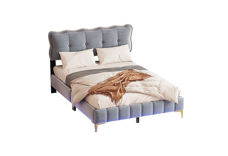 Flieks Polsterbett, LED Beleuchtung Holzbett Doppelbett 140x200cm Samtstoff günstig online kaufen