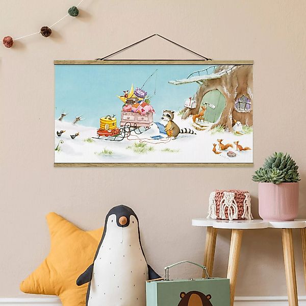 Stoffbild Kinderzimmer mit Posterleisten - Querformat Wassili Waschbär - Wa günstig online kaufen