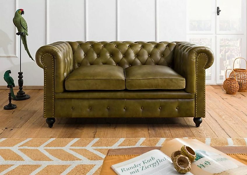 Massivmoebel24 Sofa Sofa 2-Sitzer Echtleder 158x82x75 grün CHESTERFIELD #30 günstig online kaufen