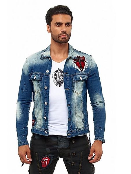 KINGZ Jeansjacke Herren Designer Retro Jeansjacke mit Wappen Blue S günstig online kaufen