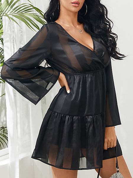Yoins Black V-Ausschnitt Gestreifte Halbtransparente Glockenärmel Kleid günstig online kaufen