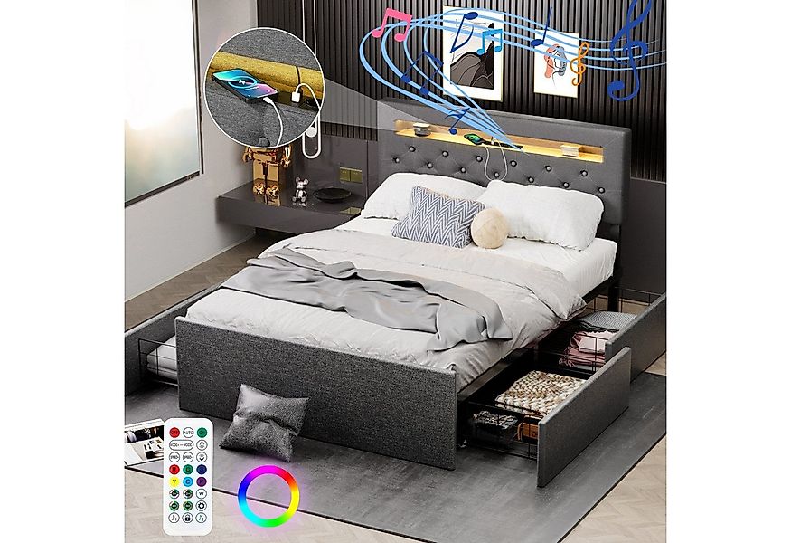 WILGOON Polsterbett LED Doppelbett 140x200cm, mit Lautsprecher und 4 Schubl günstig online kaufen