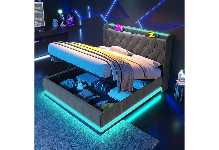HAUSS SPOLE Polsterbett 140x200cm mit LED-Beleuchtung, Ladefunktion Grau Le günstig online kaufen
